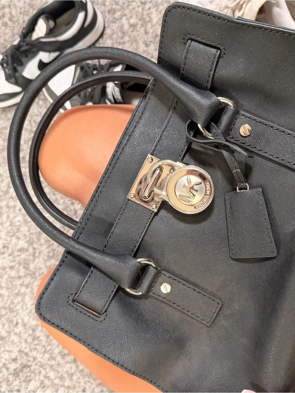 Michael Kors Black Leather Satchel with Silver MK Lock